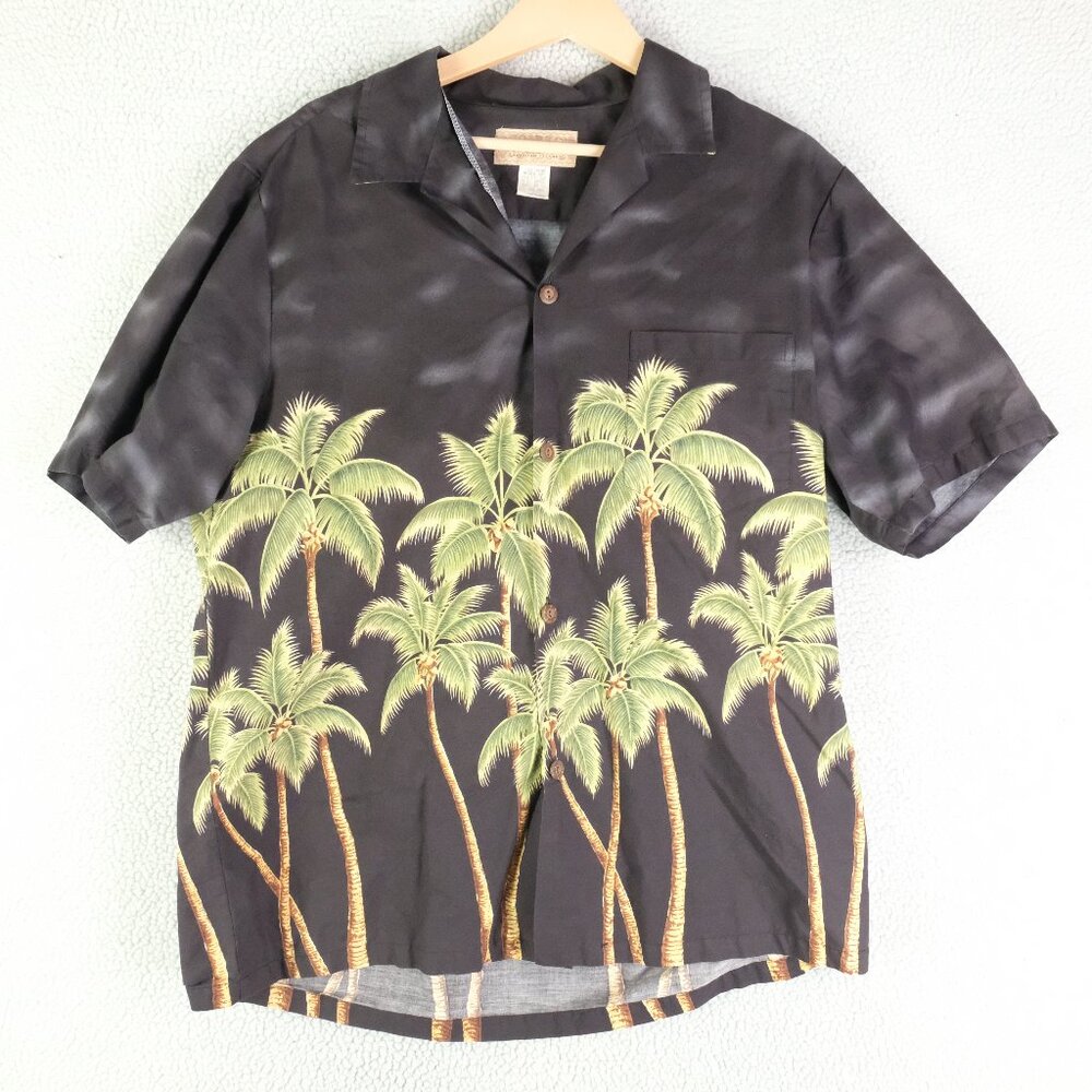 Vintage Hawaiian Shirt Mens Large Black Tropical Palm Trees Camp Button Up 90s